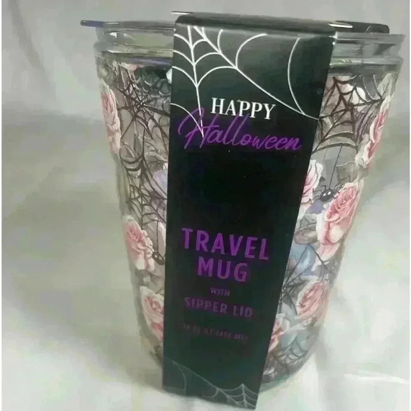 Glass Halloween travel sipper lid mug with pink roses cob webs little spiders - Picture 5 of 6